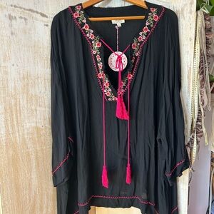 Umgee Black Tunic with Pink Embroidery